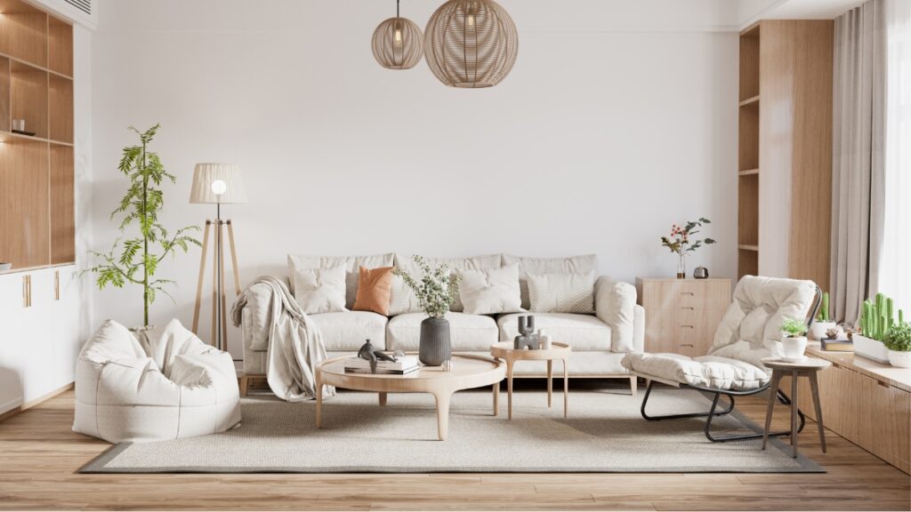Trusted maid service organizing and cleaning a cozy living room.